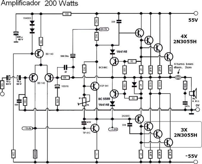 200 a 220W circuito amplificador de áudio