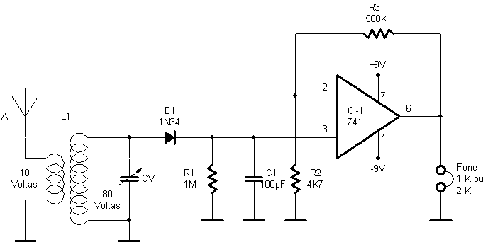 Radio receptor com circuito integrado 741