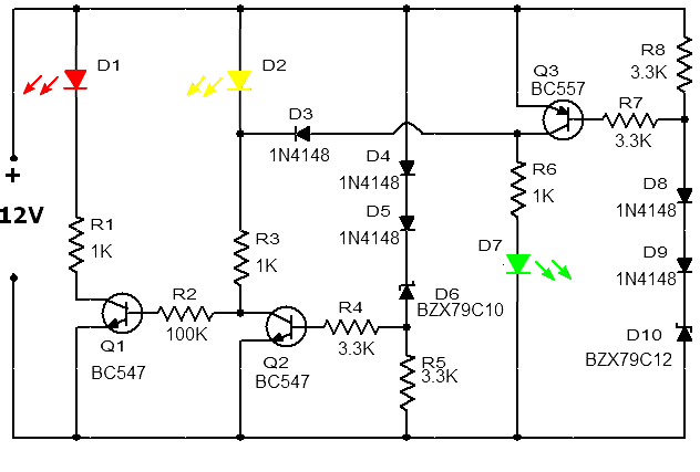 Battery Monitor with 3 leds circuit