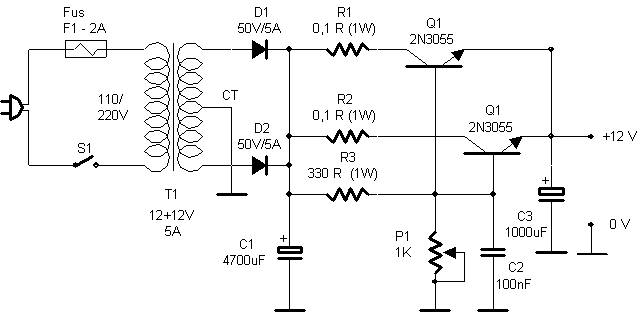 12 Volts Power supply, 5 Ampere, 2N3055