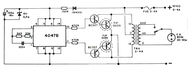 Circuito inversor 12V cc 110 - 220 AC - 20-40 W
