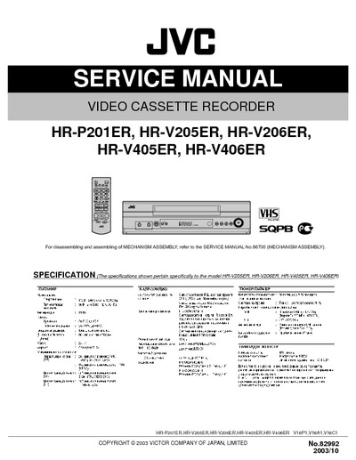 JVC VCR HR-P201ER, HR-V205ER, HR-V206ER,   HR-V405ER, HR-V406ER