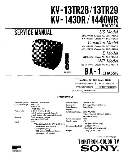 Sony KV-1430R, KV-1440WR, KV-13TR28, KV-13TR29 Chassis BA1