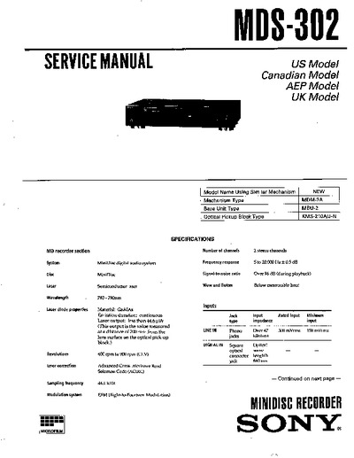 SONY Minidisc Recorder MDS-302 Service Manual