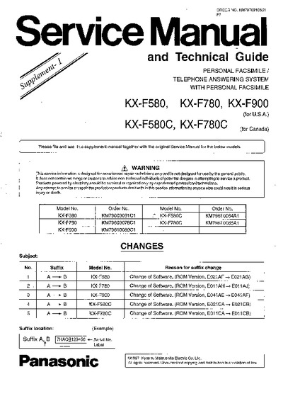 Panasonic Fax KX-F580, KX-F580C, KX-F780, KX-F780C, KX-F900