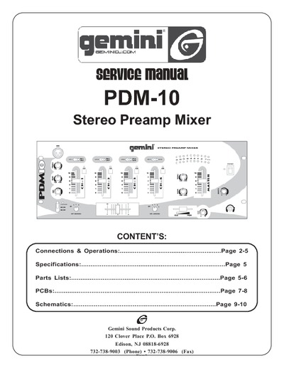 GEMINI PDM-10 Stereo Preamp Mixer Pro Service Manual