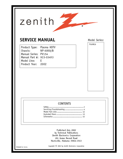 Zenith P60W26 - NP-00KA Service Manual
