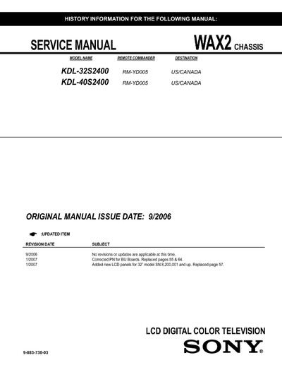 SONY KDL-32S2400, KDL-40S2400,  CHASSIS WAX2, Service Manual