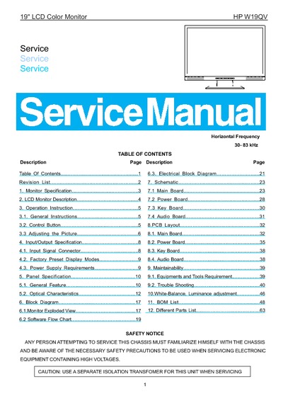 AOC Service Manual HP-W19QV-A00 monitor lcd