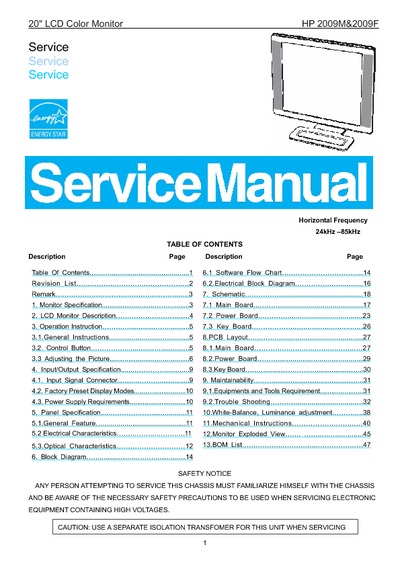 AOC Service Manual-HP-2009M, HP-2009F_A00 monitor lcd