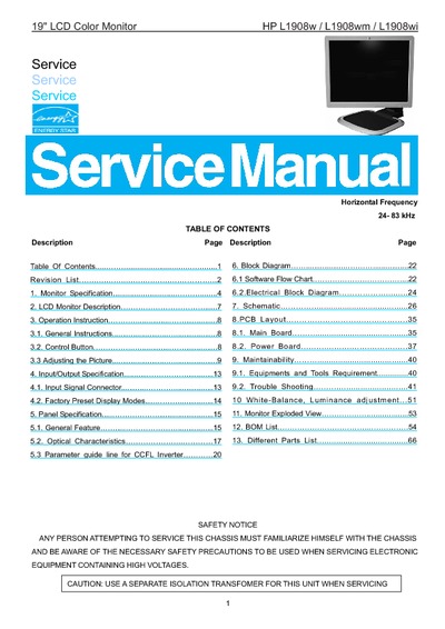 AOC Service Manual HP-L1908w, HP-L1908wm, HP-L1908wi_A03 monitor lcd