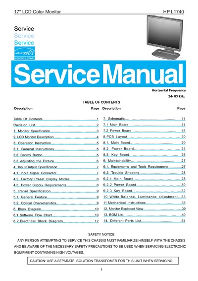 AOC Service Manual HP-L1740_NT68663MEFG_TPV power_A02 monitor lcd