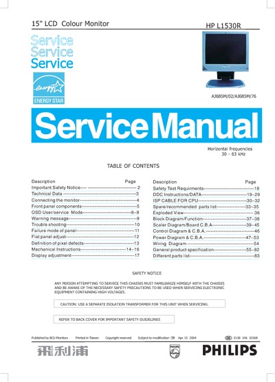 AOC Service Manual HP-L1530R_A00 monitor lcd