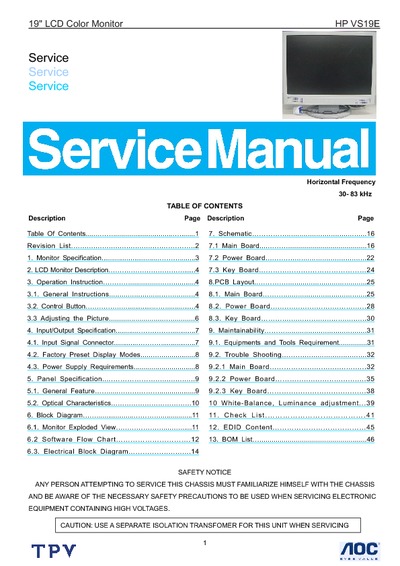 AOC Service Manual HP-VS19E_A00 monitor lcd