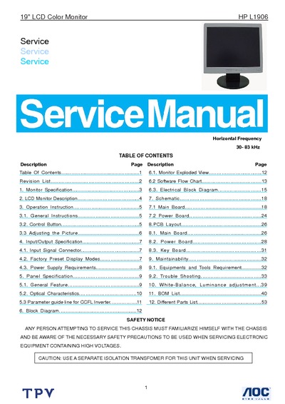 AOC Service Manual HP-L1906_TSU16AK_A00 monitor lcd