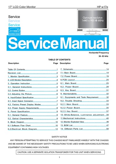 AOC Service Manual HP-W17e, HP-A13 monitor lcd