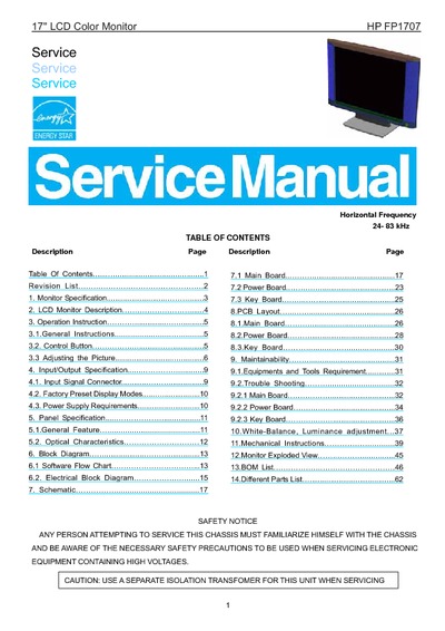 AOC Service Manual HP-FP1707_A02 monitor lcd