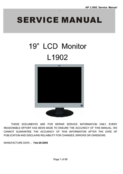 AOC Service Manual HP-L1902_A00. monitor lcd