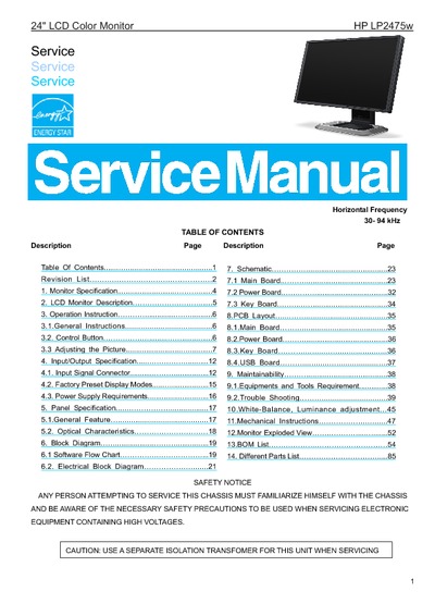 AOC Service Manual HP-LP2475W_A01 monitor lcd