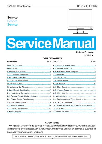 AOC Service Manual HP-L1506, HP-L1506s_TSUM16AL_A12 monitor lcd