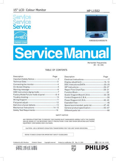 AOC Service Manual HP-L1502_GMZAN3L_A00 monitor lcd
