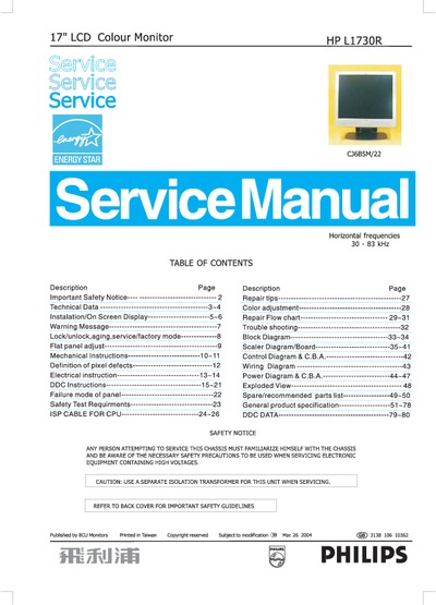 AOC Service Manual HP-L1730R_A00 monitor lcd