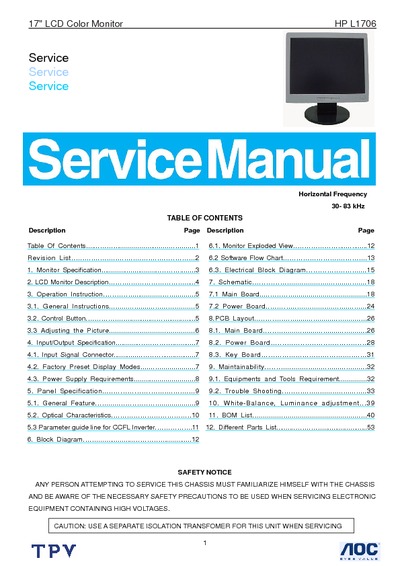 AOC Service Manual HP-L1706_TSU16AK_A01 monitor lcd