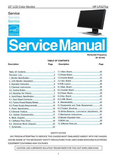 AOC Service Manual HP-LP2275W_A01 monitor lcd