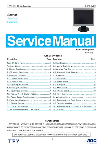 AOC Service Manual HP-L1706_GM2621_A00 monitor lcd