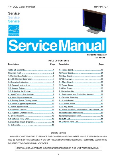 AOC Service Manual HP-FP1707_new chassis_A01 monitor lcd