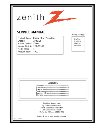 Zenith R50V26, R56W28, R60V26, R65w28 Chasis ZP26/ZP28