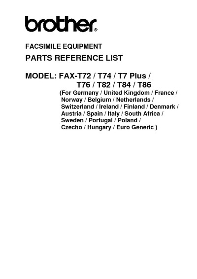Brother Fax T7 Plus, T72, T74, T76, T82, T84, T86 Parts Manual