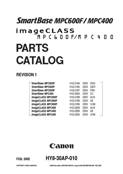 Canon SmartBase mpc400, 600 Parts Manual