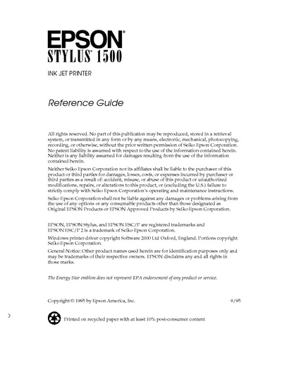Epson Stylus 1500 Reference Guide