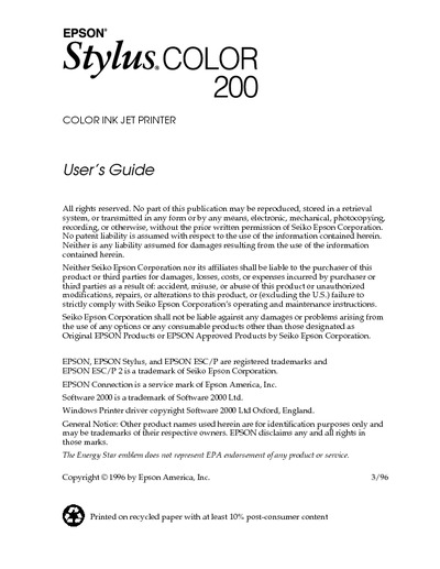Epson Stylus 200 User's Guide