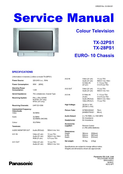 Panasonic TV TX-32PS1 TX-28PS1 EURO10
