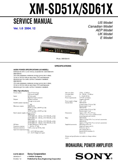 SONY XM-SD61X_SD51X Ver.1.0 2004.12 Car Power Amplifier