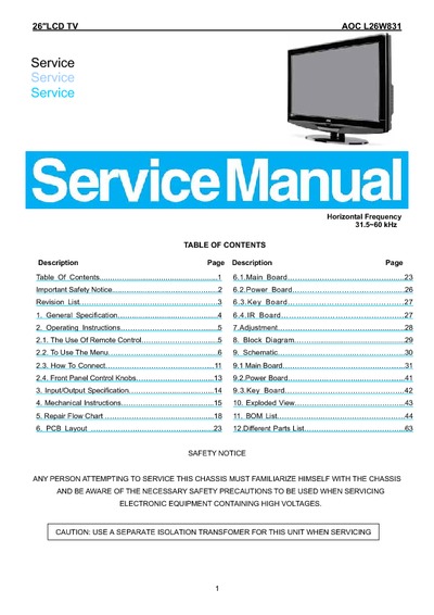 AOC L26W831, 26'' LCD TV Service Manual