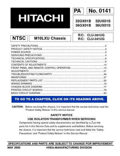 Hitachi 36UX01S, 36GX01B, 32GX01B, 32UX01S, Chassis:M10LXU