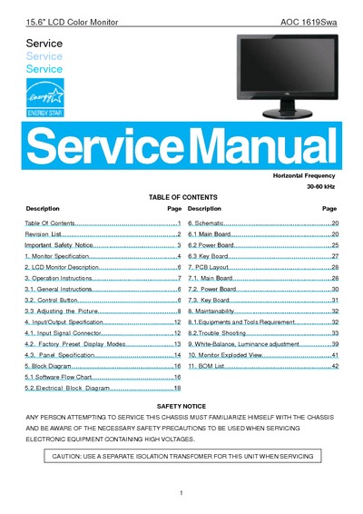 AOC 1619SWA, Service Manual, Repair Schematics
