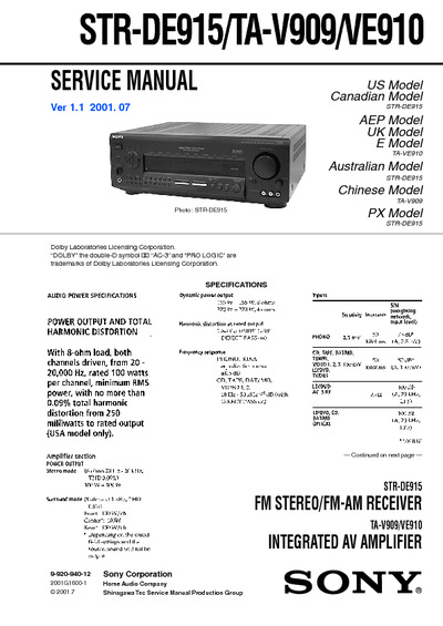 Sony STR-DE915/TA-V909/TA-VE910