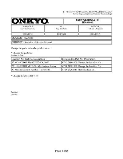 Onkyo DV-S939 Service Bulletin