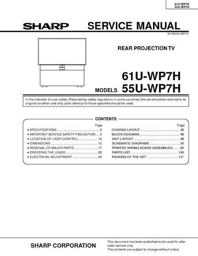 Sharp 61U-WP7H, 55U-WP7H Rear Projection TV