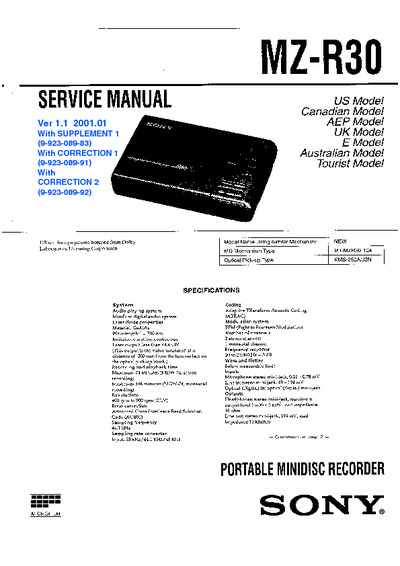 SONY MZ-R30 SERVICE MANUAL PORTABLE MINIDISC RECORDER