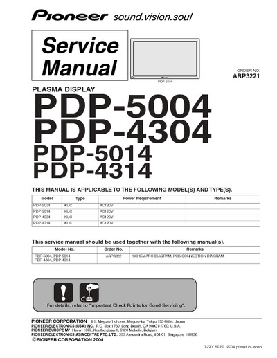 PIONEER PDP-5004, PDP-4304, PDP-5014, PDP-4314 (ARP3221)