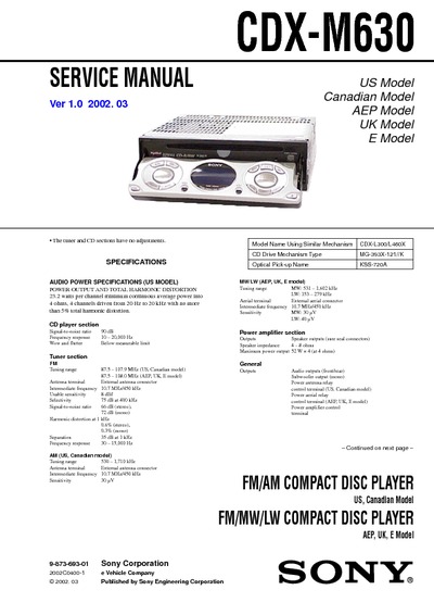 Sony CDX-M630 Compact Disc Player