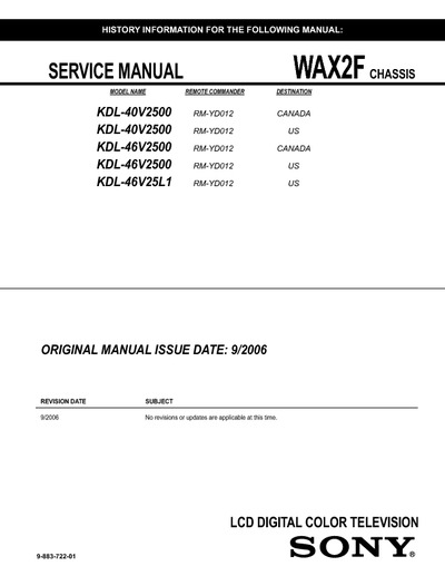 Sony KDL46V2500 KDL46V25L1 Chassis WAX2F