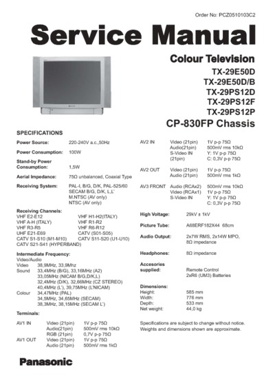 Panasonic TV TX-29PS12, TX-29E50 ch:CP-830FP