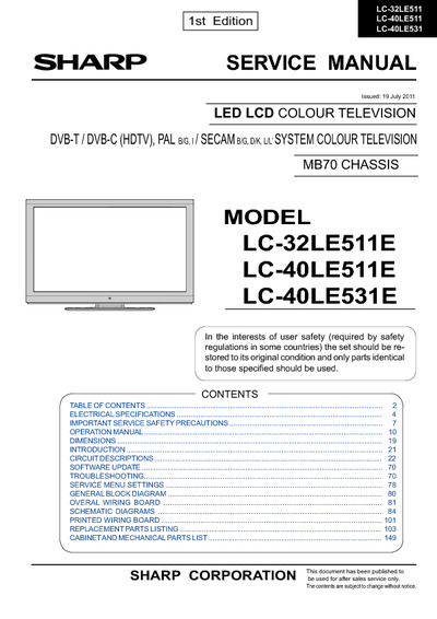 Sharp LC-32LE511E Chassis MB70 LCD