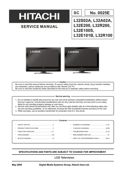 Hitachi L32S02A, L32E200, L32E100  LCD
